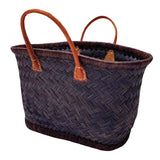 Panier Aravola artisanal chocolat MM en fibres naturelles avec poignées en cuir, dimensions 38×19×28 cm. Panier solide pour les courses, la plage ou la piscine, également appelé Panier Marché, tressage Aravola