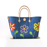 panier artisanal de plage isandra bleu marine SGM rabane brodé fermeture bouton avec pochon, dimensions 60x24x38 cm fond renforcé, idéal pour le marché ou la plage