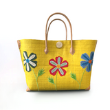 panier artisanal de plage isandra safran SGM rabane brodé fermeture bouton avec pochon, dimensions 60x24x38 cm fond renforcé, idéal pour le marché ou la plage