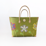 panier artisanal de plage isandra vert olive SGM rabane brodé fermeture bouton avec pochon, dimensions 60x24x38 cm fond renforcé, idéal pour le marché ou la plage