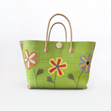 panier artisanal de plage isandra vert SGM rabane brodé fermeture bouton avec pochon, dimensions 60x24x38 cm fond renforcé, idéal pour le marché ou la plage