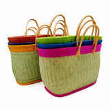 Panier artisanal baly GM aravola luxe bordure rabane en fibres naturelles, avec bande rabane unie, solide et polyvalent. dimensions 55×20×35cm , avec poche intérieure, idéal pour courses, plage, piscine ou ville.