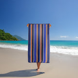 serviette de plage éponge velours Jacquard Kapados Bleu 100x175 470g/m² douce et absorbante, idéale plage, piscine et sport.