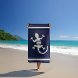 serviette de plage éponge velours jacquard sistelo bleu 90x170cm 400g/m² douce et absorbante, idéale piscine, plage ou salle de bain.