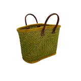 Panier aravola artisanal safran MM en fibres naturelles avec poignées en cuir, dimensions 38×19×28 cm. Panier solide pour les courses, la plage ou la piscine, également appelé Panier Marché, tressage Aravola