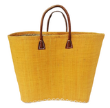 panier artisanal belo safran GM fibres naturelles aravola tressé, coins et poignées cuir dimensions 40x20x30 cm fond renforcé, idéal pour le marché ou la plage.