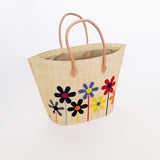 panier artisanal majunga naturel rabane brodé avec motifs fleurs avec pochon, poignées cuir dimensions 50x20x35 cm fond renforcé, idéal pour le marché ou la plage