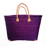 Panier artisanal rabane unie prune morondova coins cuir avec pochon dimensions MM 45 × 20 × 30 cm ou GM 50x20x35, parfait pour sorties et marché, robuste et élégant