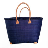 Panier artisanal rabane unie bleu marine morondova coins cuir avec pochon dimensions MM 45 × 20 × 30 cm ou GM 50x20x35, parfait pour sorties et marché, robuste et élégant