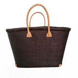 Panier artisanal rabane unie chocolat morondova coins cuir avec pochon dimensions MM 45 × 20 × 30 cm ou GM 50x20x35, parfait pour sorties et marché, robuste et élégant