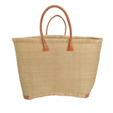 Panier artisanal rabane unie naturel morondova coins cuir avec pochon dimensions MM 45 × 20 × 30 cm ou GM 50x20x35, parfait pour sorties et marché, robuste et élégant