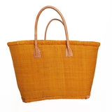 Panier artisanal rabane unie safran morondova coins cuir avec pochon dimensions MM 45 × 20 × 30 cm ou GM 50x20x35 cm parfait pour sorties et marché, robuste et élégant