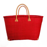 Panier artisanal rabane unie morondova rouge coins cuir avec pochon dimensions MM 45×20×30 cm ou GM 50x20x35 cm , parfait pour sorties et marché, robuste et élégant