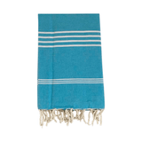 fouta plate traditionnelle kolora turquoise 100x200 cm, coton 190 g/m², absorbante, légère et peu encombrante pour la plage ou la maison. se transforme en paréo.