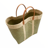 panier artisanal tsimgy naturel SGM tressage naturel bordure rabane avec poignées en cuir dimensions 45x20x30 cm idéal pour marché plage ou courses robuste et élégant
