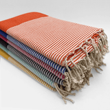 Fouta plate nid d'Abeille Mikanda, 100% coton, 100x200 cm, 200x200cm 190 g/m², franges torsadées. Format L ou XL, légère et absorbante pour plage ou piscine.