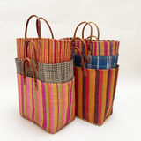 Pack de 6 paniers « Bélo » artisanaux en fibres naturelles avec poignées cuir, légers et pratiques pour ville ou plage.
