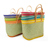 panier artisanal sava GM aravola luxe  rabane tissé feston couleur en fibres naturelles, avec bande rabane unie, solide et polyvalent. dimensions 55×20×35cm, avec poche intérieure, idéal pour courses, plage, piscine ou ville.