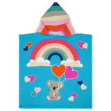 poncho de plage enfant en microfibre koala 60x120cm 250g/m² motifs imprimés, idéal plage et piscine, séchage rapide, peu encombrant.