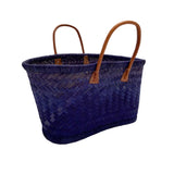 Panier Aravola artisanal bleu marine MM en fibres naturelles avec poignées en cuir, dimensions 38×19×28 cm. panier solide pour les courses, la plage ou la piscine, également appelé panier marché, tressage aravola
