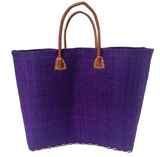 panier artisanal belo prune GM fibres naturelles aravola tressé, coins et poignées cuir dimensions 40x20x30 cm fond renforcé, idéal pour le marché ou la plage 