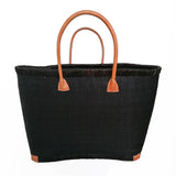 Panier artisanal rabane unie morondova  noir coins cuir avec pochon   dimensions MM 45×20×30 cm ou GM 50x20x35, parfait pour sorties et marché, robuste et élégant