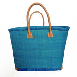 Panier artisanal rabane unie morondova  turquoise coins cuir avec pochon   dimensions MM 45 × 20 × 30 cm ou GM 50x20x35, parfait pour sorties et marché, robuste et élégant