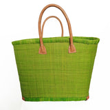 Panier artisanal rabane unie vert anis morondova coins cuir avec pochon   dimensions MM 45 × 20 × 30 cm ou GM 50x20x35, parfait pour sorties et marché, robuste et élégant