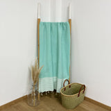 fouta traditionnelle nid d’abeille mikanda aqua 100x200 cm ou 200x200 cm 100 % coton 190 g/m², absorbante, légère et peu encombrante pour la plage ou la maison. Se transforme en paréo