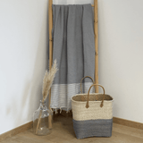 fouta traditionnelle nid d’abeille mikanda gris 100x200 cm ou 200x200 cm 100 % coton 190 g/m², absorbante, légère et peu encombrante pour la plage ou la maison. Se transforme en paréo