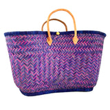 Panier artisanal Aravola Luxe Tutti frutti bleu GM en fibres naturelles avec poignées en cuir, dimensions 55x24x35 cm solide, élégant et idéal pour la plage ou vos courses au quotidien