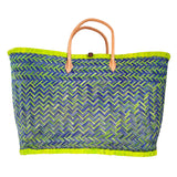 Panier artisanal Aravola Luxe Tutti frutti vert GM en fibres naturelles avec poignées en cuir, dimensions 55x24x35 cm solide, élégant et idéal pour la plage ou vos courses au quotidien.