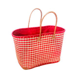 panier artisanal carreaux de vichy rouge  rabane GM motifs carreaux avec pochon rabane coins cuir dimensions 50 × 20 × 35 cm robuste et élégant, parfait pour sorties et marché, robuste et élégant