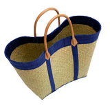 panier artisanal tsimgy bleu marine SGM tressage naturel bordure rabane avec poignées en cuir dimensions 45x20x30 cm idéal pour marché plage ou courses robuste et élégant