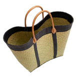 panier artisanal tsimgy noir SGM tressage naturel bordure rabane avec poignées en cuir dimensions 45x20x30 cm idéal pour marché plage ou courses robuste et élégant