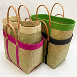 panier artisanal tsimgy SGM tressage naturel bordure rabane avec poignées en cuir dimensions 45x20x30 cm idéal pour marché plage ou courses robuste et élégant.